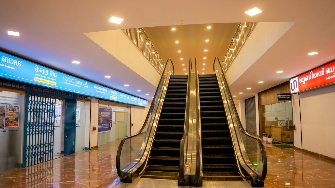 Ground floor atrium with twin escalators between the bank branches