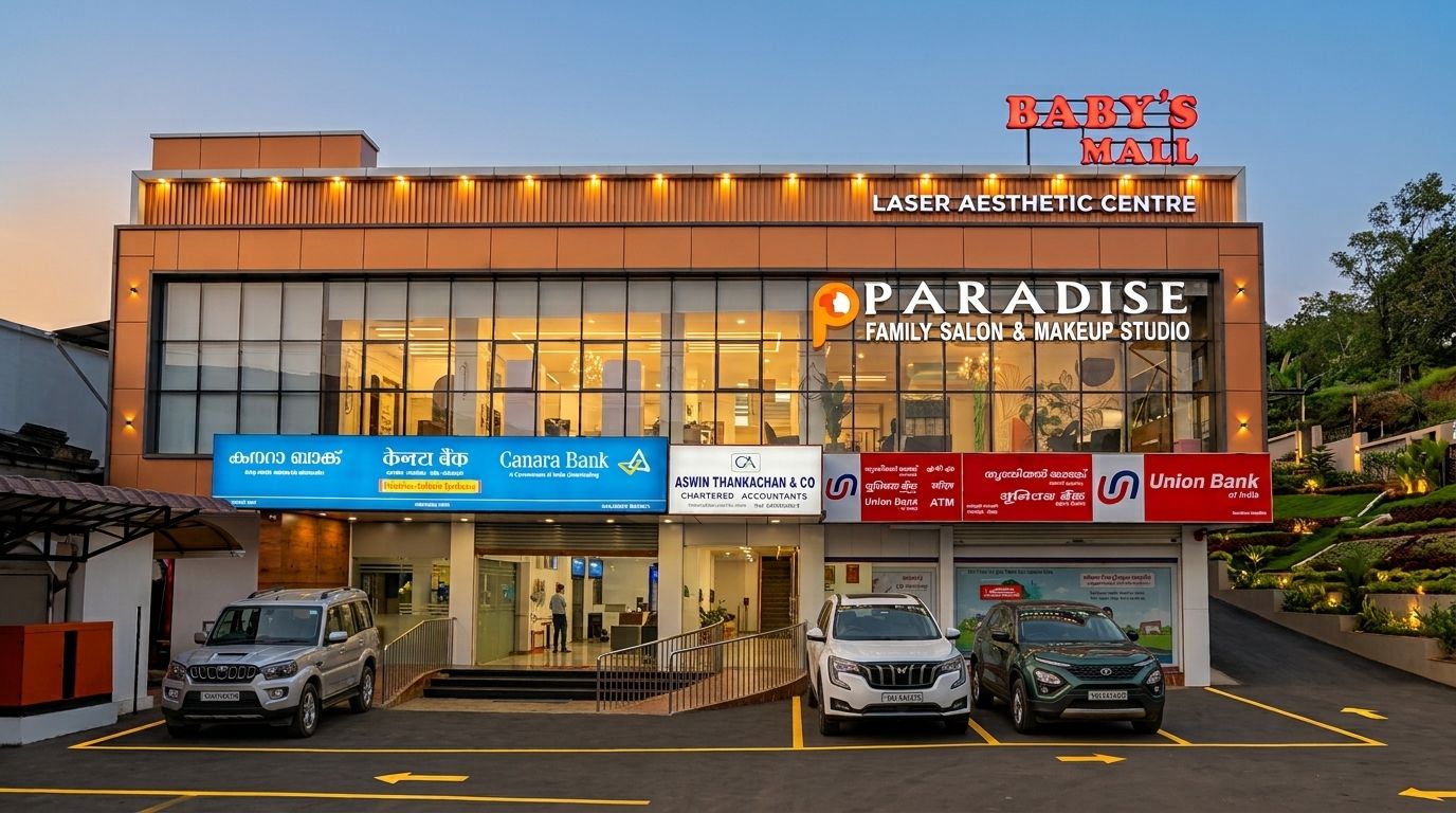 Baby's Mall, Rajakkad - front elevation at dusk with Canara Bank and Union Bank of India signage