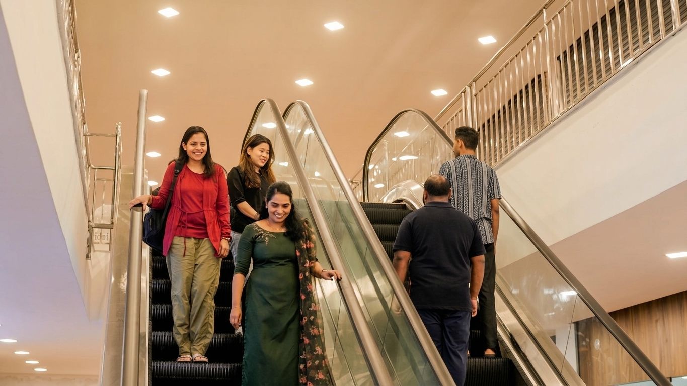 Customers using the escalator inside Baby's Mall