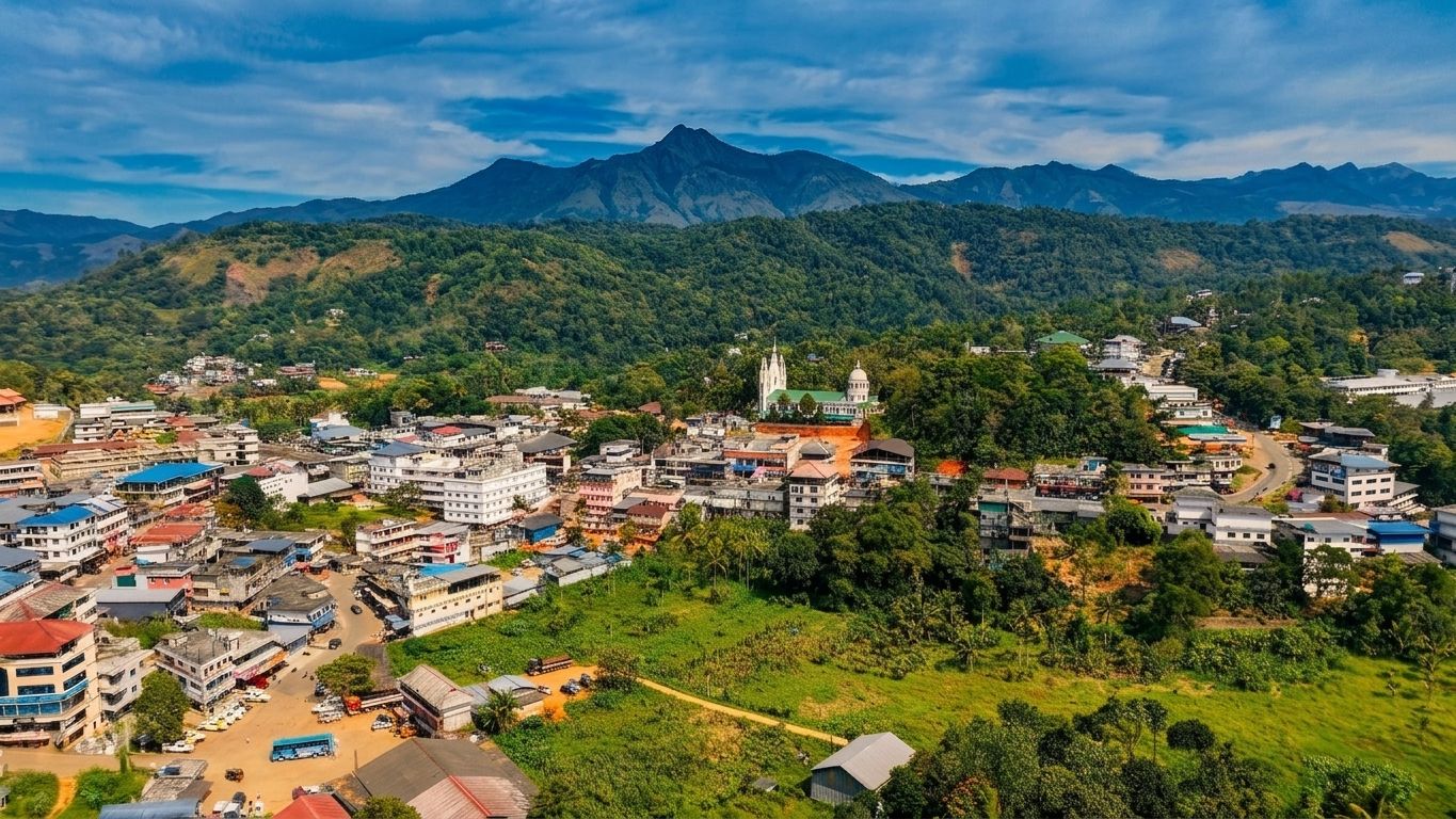 Aerial view of Rajakkad town set against the Idukki high ranges